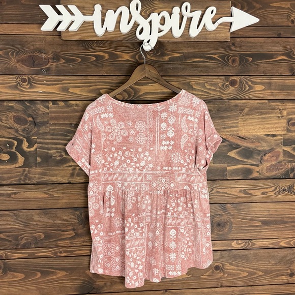 FSL Apparel | Babydoll Rolled Sleeve Tee Blouse‎ Boho Print - Picture 8 of 11